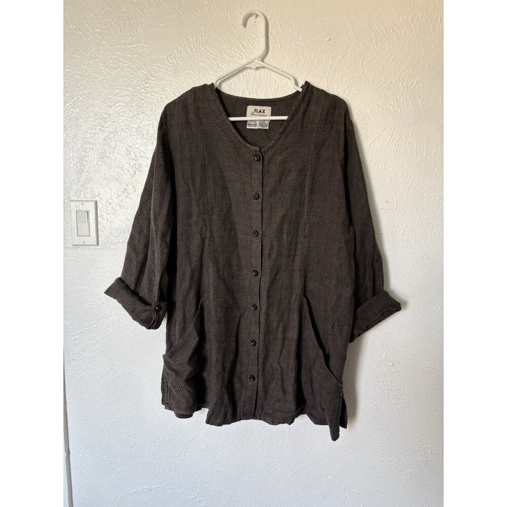 Flax Brown Button-Front Long Sleeve Tunic Blouse